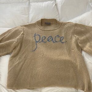 Wooden Ships Tan Crew Neck Sweater with Blue Peace Embroidery